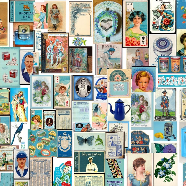 Antique Digital clip-art images, Vintage Advertising Nostalgia in BLUE 70 images, Printable Junk Journal Kit, Card making set, Scrapbooking