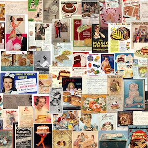 Vintage Küche Kuchen Backen Werbung, Retro Kochrezepte, Dessert Werbung Digitale Clip Art Bilder, Kochen Junk Journal Seiten