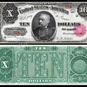 1890 "Ten Dollar" Bank Note DIGITAL druckbare antike Banknoten, altes Papiergeld, Junk Journal Ephemera, Dekordruck, antikes Geld aus den USA