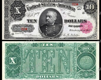 1890 &quot;Ten Dollar&quot; Bank Note DIGITAL Printable Antique Banknotes, Old Paper Money, Junk Journal Ephemera, Decor Print, USA Antique money