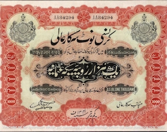 1000 Rupien Vintage Bank Note INDIEN Extrem seltene DIGITAL druckbare antike Banknoten, alte Währung Geld Clipart, Gelderinnerungsstücke