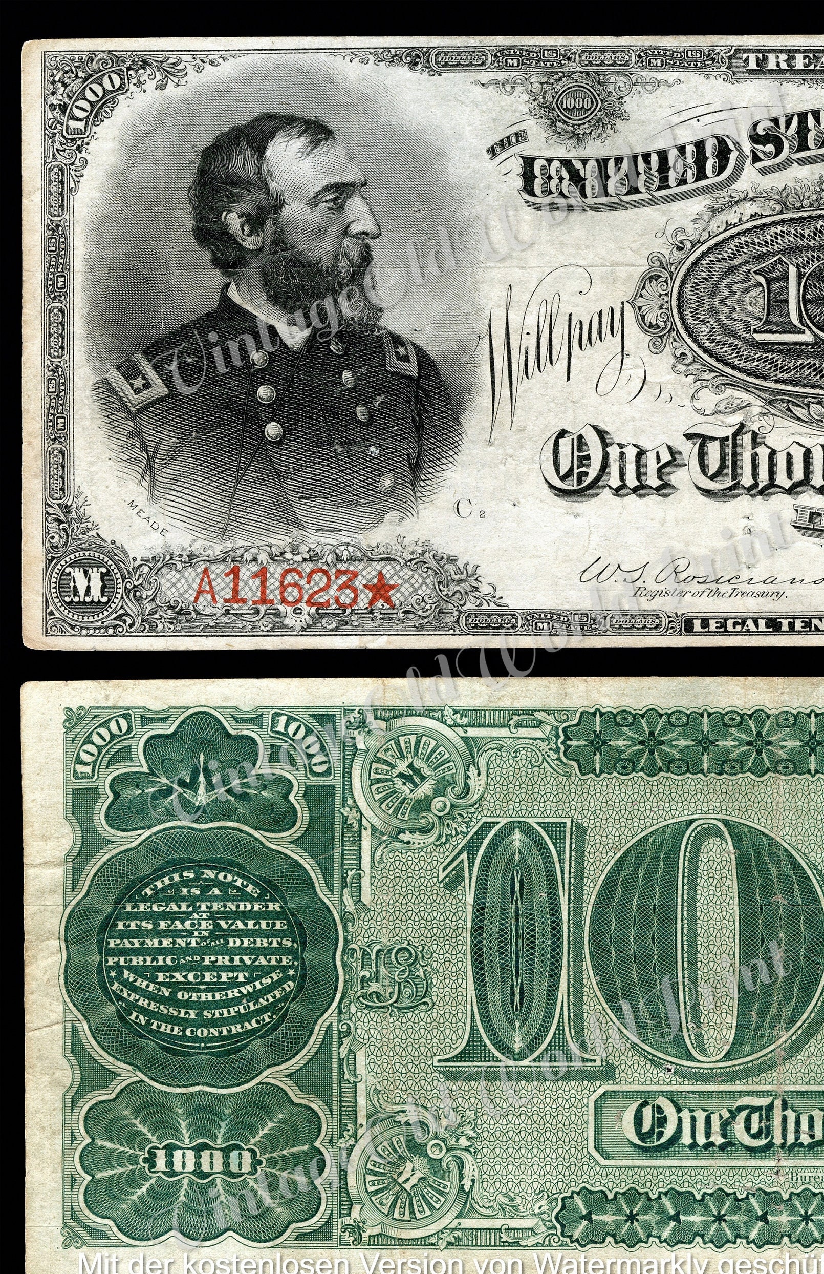 1000 Dollar DIGITAL 1890 Bank Note Printable USA Antique Banknotes Old ...