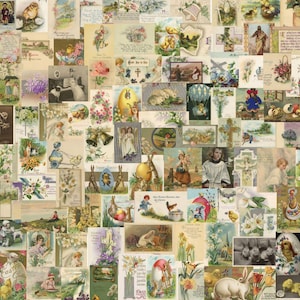 145 biglietti di auguri di Pasqua anni '900, cartolina di buona Pasqua, effimeri di Pasqua vintage, collage digitale retrò di Pasqua, cartoline di coniglietti, uova e pulcini