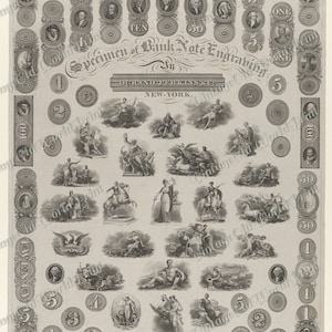Incisione di banconote stampabile, foglio di banconote antiche del 1820, denaro antico, effimeri di giornale spazzatura, denaro antico USA, banconota rara DIGITALE