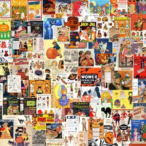 Vintage Halloween Kinder Magazin Werbung, Retro Postkarten Bilder, seltenes Halloween-Druckset, digitales gruseliges Halloween-Galerieklammern