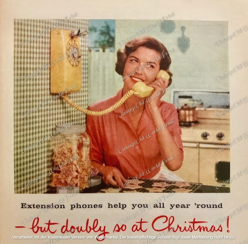May include: A woman in a red dress uses a yellow wall-mounted phone. The phone has a cord that connects to the receiver. The text on the ad reads "Extension phones help you all year 'round - but doubly so at Christmas!"