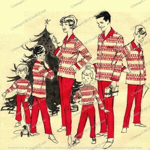 May include: A family of five wearing red and white striped pajamas stand in front of a Christmas tree. The tree is decorated with a star and ornaments. The family is smiling and looking at the camera.