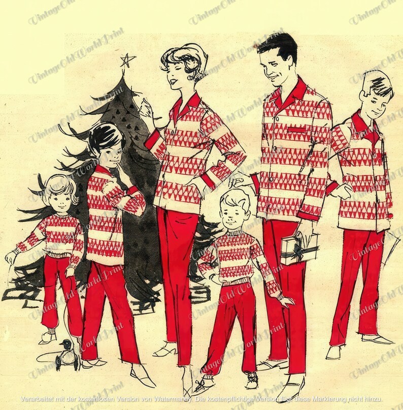 May include: A family of five wearing red and white striped pajamas stand in front of a Christmas tree. The tree is decorated with a star and ornaments. The family is smiling and looking at the camera.