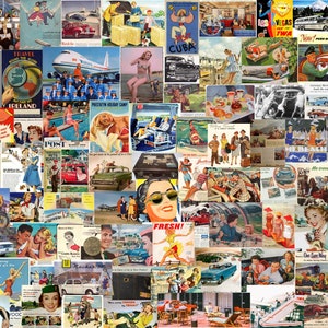 Vintage tijdschriftadvertenties Let's Go Travel, jaren 1940/'50, voedselreclame EPHEMERA, afdrukbaar junkjournaal, retroafbeeldingen Reisaccessoires bagage