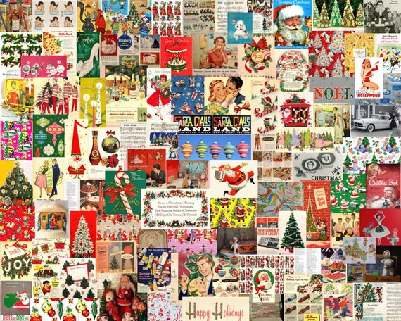 Vintage Christmas 1950s Ephemera Collage, Nostalgic Holiday Images Retro Decor, Mid-Century Xmas Cards Scrapbook, Festive Paper Crafting