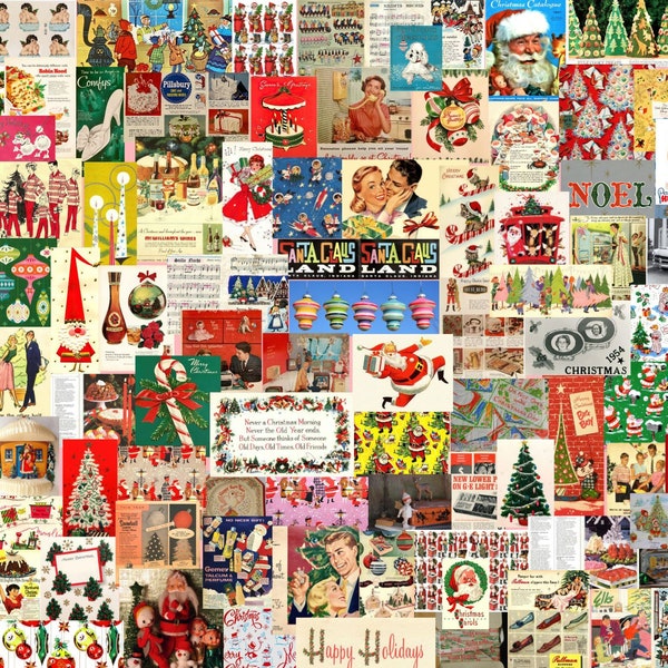 Vintage Weihnachten 1950s Ephemera Collage, Nostalgische Urlaubsbilder Retro Dekor, Mid-Century Weihnachtskarten Sammelalbum, Festliches Papierbasteln