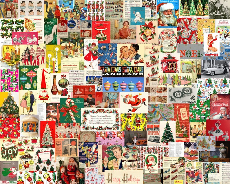 May include: A vintage Christmas collage featuring a variety of images, including Santa Claus, Christmas trees, ornaments, and holiday greetings. The collage is made up of various magazine clippings and advertisements, creating a nostalgic and festive feel.