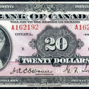 Kanada 20 Dollar 1935, KANADISCHES PAPIERGELD Banknote, digitales altes Währung Geld, Druckbares antikes altes Papiergeld, Junk Journal Ephemera