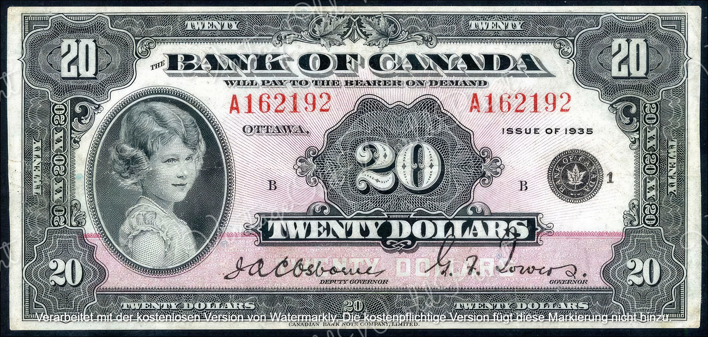 Canada 20 Dollars 1935, CANADIAN PAPER MONEY Banknote, Digital old currency money, Printable Antique Old Paper Money, Junk Journal Ephemera