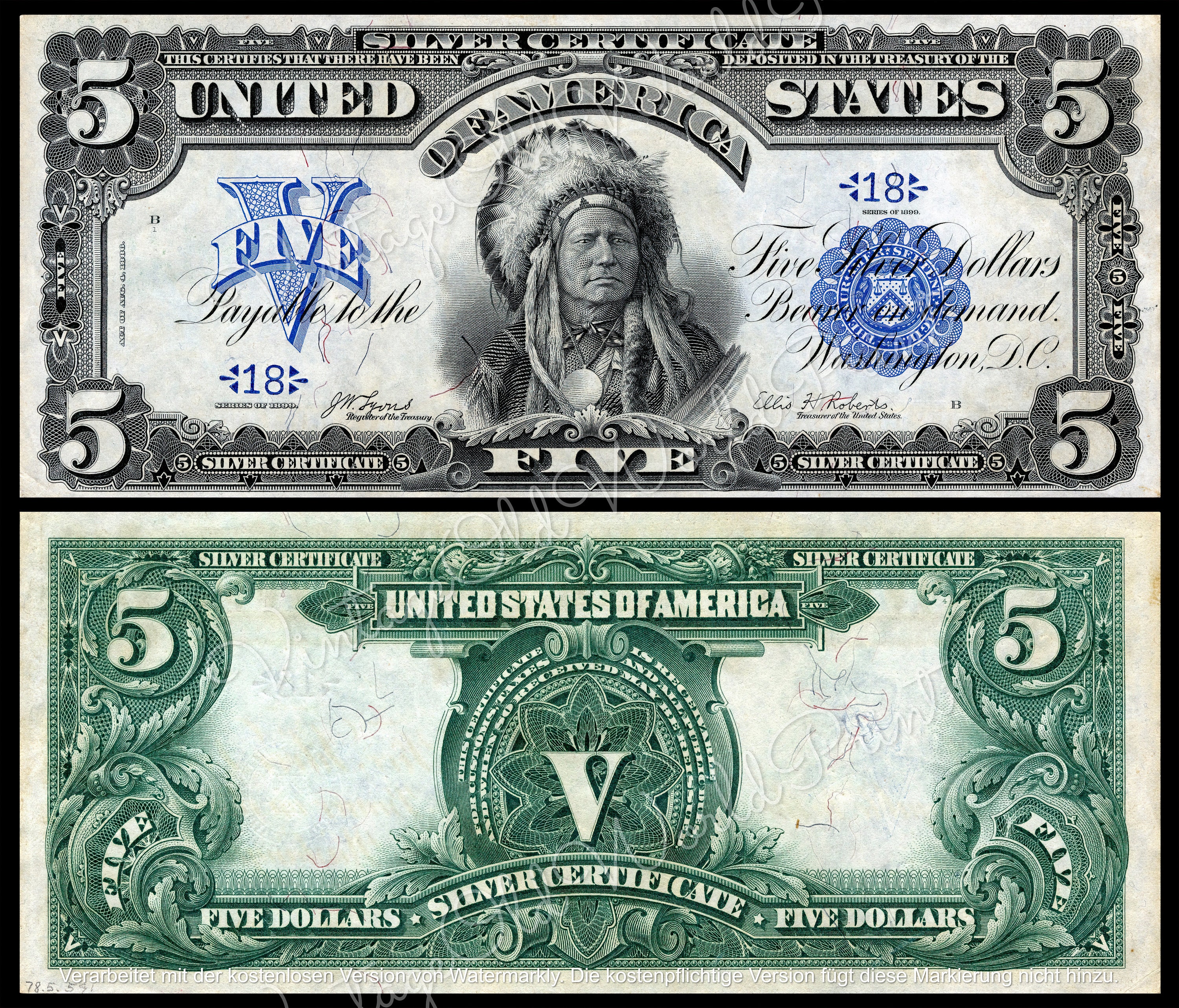 1899 5 Dollar Bank Note, Indian Chief Banknote, DIGITAL USA Old currency money, Printable Antique Old Paper Money, Junk Journal Ephemera