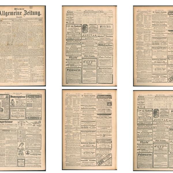 Printable vintage Daily Newspaper, 6 Sheets Ad 1881 Rare vintage Wiener Allgemeine Zeitung Newspaper Magazine Download, Old German Text