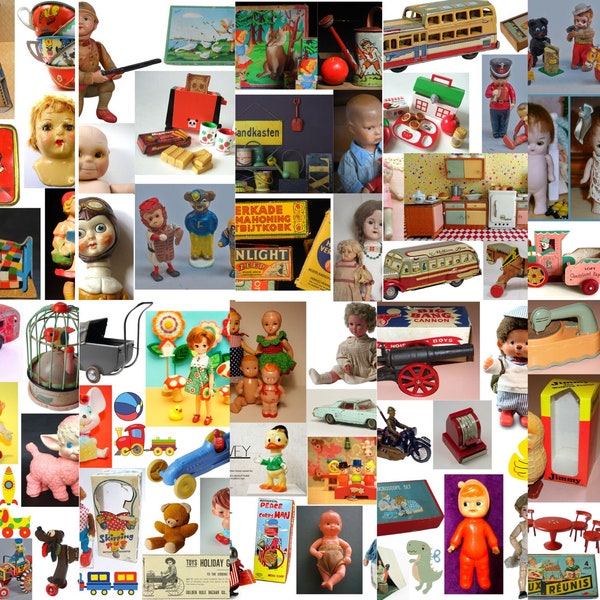 Vintage Spielzeug Nostalgie Werbung, digitale Ephemera Clip-Art-Bilder, Retro Spielzeug, Printable Junk Journal Kindheitserinnerungen, nostalgisches Spielzeug