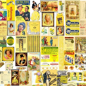Vintage Werbung Bilder Nostalgie in GELB Printable Junk Journal Kit Digitale Clip-Art Bilder, Food Card Making Set, Vintage Fashion Ads
