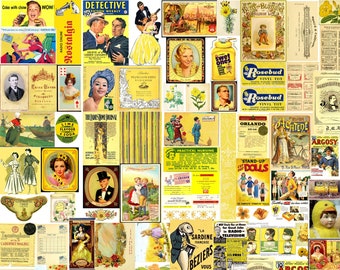 Images publicitaires vintage Nostalgie en JAUNE Printable Junk Journal Kit Images clipart numériques, ensemble de fabrication de cartes alimentaires, publicités de mode vintage