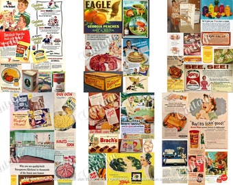 Vintage Food Snack Nostalgia Advertising, Retro Candy Ads, Vintage cooking recipes, 1950s Americana Kitchen Art, Old-Fashioned Food Prints