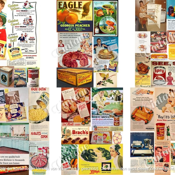 Vintage Food Snack Nostalgia Advertising, Retro Candy Ads, Vintage cooking recipes, 1950s Americana Kitchen Art, Old-Fashioned Food Prints