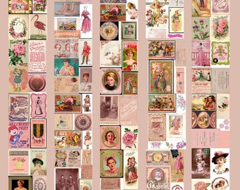 Images clipart numériques en rose, Ephemera Nostalgia 90 images Printable Junk Journal Kit, publicité vintage, ensemble de fabrication de cartes, Scrapbooking