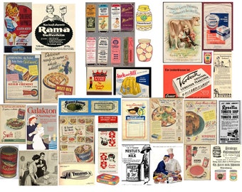30 images Vintage Food Advertising EPHEMERA, Retro Dishes Kitchen Baking Label, Digital clip-art Old cooking recipes, Printable Junk Journal