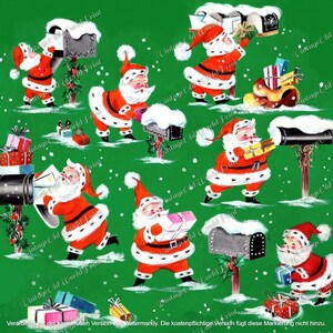 May include: A green background with a repeating pattern of Santa Claus figures delivering gifts to mailboxes covered in snow. The mailboxes are red and white with a black metal top. The Santa Claus figures are wearing red suits with white trim and black boots. They are holding packages wrapped in red and white paper. The background is covered in white snowflakes.