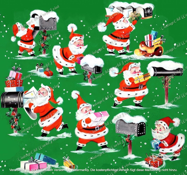May include: A green background with a repeating pattern of Santa Claus figures delivering gifts to mailboxes covered in snow. The mailboxes are red and white with a black metal top. The Santa Claus figures are wearing red suits with white trim and black boots. They are holding packages wrapped in red and white paper. The background is covered in white snowflakes.