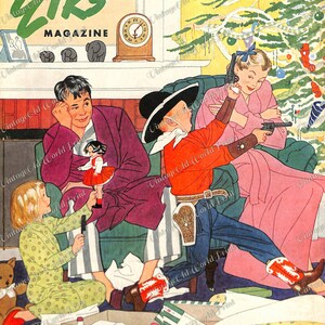 May include: A vintage illustration from a December 1950 issue of The Elks Magazine depicting a family gathered around a Christmas tree. A young boy dressed as a cowboy holds a toy gun, while a girl in a green and white pajamas plays with a doll. The family is surrounded by wrapped presents and a record player.