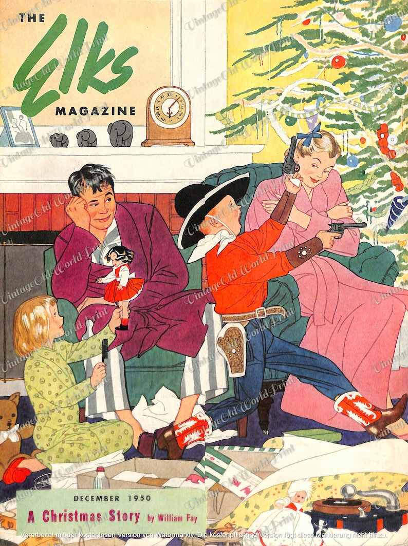 May include: A vintage illustration from a December 1950 issue of The Elks Magazine depicting a family gathered around a Christmas tree. A young boy dressed as a cowboy holds a toy gun, while a girl in a green and white pajamas plays with a doll. The family is surrounded by wrapped presents and a record player.
