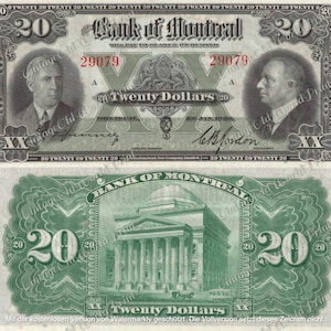Banconote antiche stampabili Banconota da venti dollari DIGITALE, Diario di denaro spazzatura Ephemera, Vecchie banconote di carta clipart, Denaro antico di Montreal