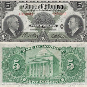 Może przedstawiać: Antyczny pięciodolarowy banknot Banku Montrealu, datowany na 2 stycznia 1908 roku. Banknot przedstawia portret mężczyzny w garniturze, budynek z kopułą i napis "Pięć dolarów".