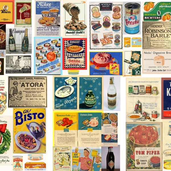 40 Images Vintage Food Advertising, Kitchen Digital clip-art images, Vintage cooking recipes, Printable Junk Journal, Vintage food EPHEMERA