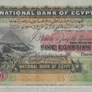 Vintage ägyptische 5 Pfund 1899 Banknote, Ägypten Banknote, digitales Geld, antikes altes Papiergeld zum Ausdrucken, Junk Journal Ephemera