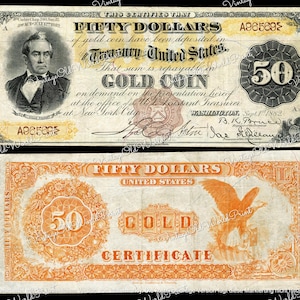 Banconota d'epoca 1882 50 dollari certificato ORO DIGITALE Banconote antiche stampabili, USA Vecchia valuta Carta moneta clipart cimeli