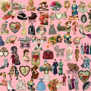 76 antike viktorianische Ära PNG digitale Clip-Art-Bilder, Ephemera Junk Journal Retro viktorianische Elemente, Karten Kit Scrapbooking Vintage Mode