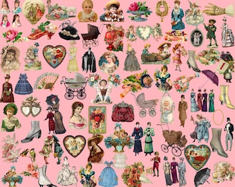 76 Antique Victorian Era PNG digital clip-art images, Ephemera Junk Journal Retro Victorian Elements, Cards kit Scrapbooking Vintage Fashion