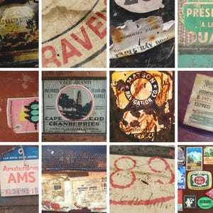 Diario de viaje antiguo con motivos grunge, efímeras de viaje digitales vintage, hojas de scrapbooking con motivos grunge desgastados, etiquetas de viaje vintage, pegatinas para maletas