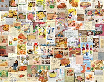 May include: A vintage collage of Easter recipes and crafts. The collage features images of food, crafts, and recipes, including a ham, a cake, a bunny, and a basket of eggs. The collage is a great source of inspiration for Easter celebrations.