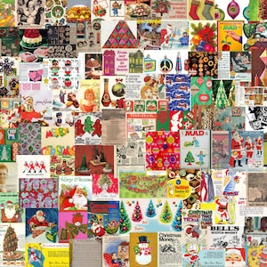 Collage éphémère vintage de Noël des années 1970, images de nourriture de vacances nostalgiques, décoration rétro, album de cartes de Noël Mid-Century, dîner de Noël des années 70