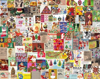 May include: A collage of vintage Christmas images, including ornaments, decorations, and holiday greetings. The collage features a variety of colors, including red, green, gold, and white. The images are arranged in a random pattern, creating a festive and nostalgic feel.