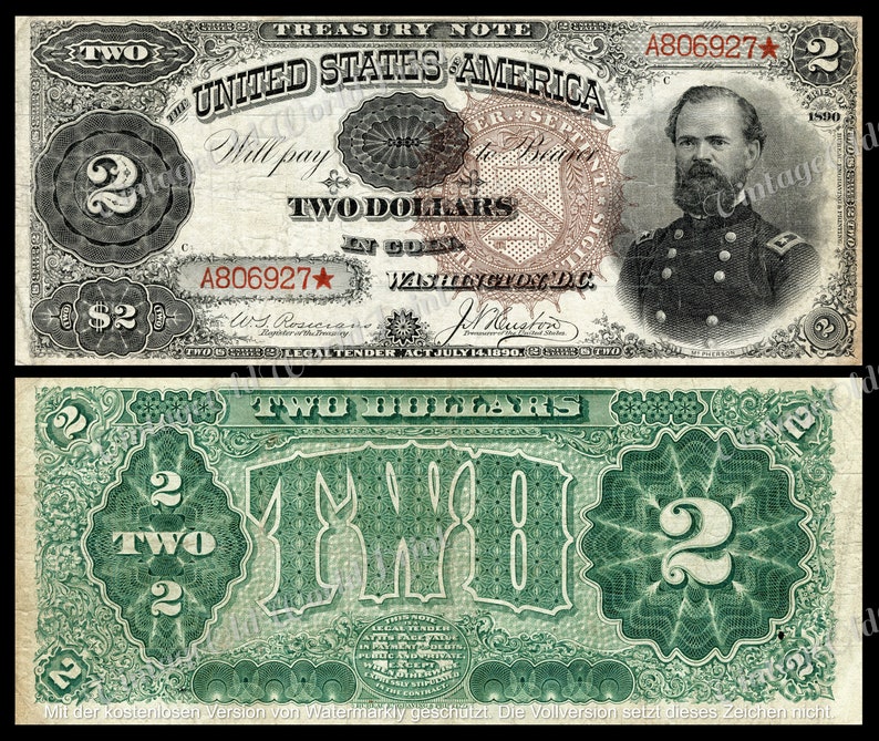 1890 "Two Dollar" Bank Note DIGITAL Printable Antique Banknotes, Old Paper Money, Junk Journal Ephemera, Decor Print, USA Old currency money