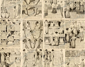 Vintage Corset Illustrations, 1800s Undergarments Underwear Collage , Antique Fashion Advertising, Printable Junk Journal EPHEMERA download
