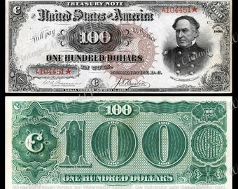 Printable Antique Banknotes 1890 &quot;One Hundred Dollar&quot; Bank Note DIGITAL , Old Money, Junk Journal Ephemera, Decor Print, USA Antique money