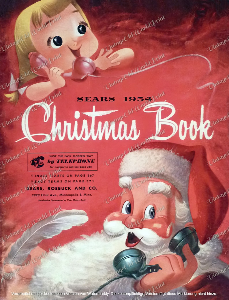 May include: A vintage Sears Christmas catalog cover from 1954 featuring a red-suited Santa Claus and a little girl on the phone. The text reads "Sears 1954 Christmas Book" and "Shop the easy modern way by telephone".