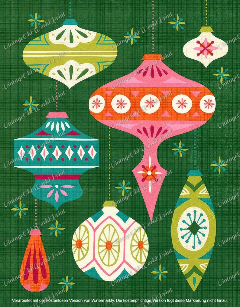 May include: A set of six vintage-style Christmas ornaments with geometric patterns in shades of green, pink, orange, white, and teal. The ornaments are hanging from strings against a green background.