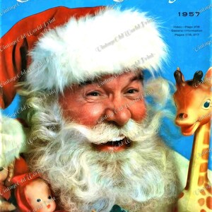 May include: A vintage 1957 Simpsons Sears Christmas Catalogue cover featuring a smiling Santa Claus with a white beard and red hat, holding a doll and a giraffe toy. The background is blue with the text "Simpsons Sears Christmas Catalogue 1957".