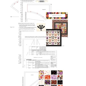 Puede incluir: Un diagrama en blanco y negro con instrucciones para hacer una colcha. El diagrama incluye plantillas para cortar tela, una lista de materiales y una tabla de colores para la colcha. La colcha está hecha de varias formas geométricas y presenta un diseño de inspiración japonesa.