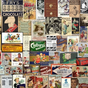 Anúncios de comida vintage de chocolate, ilustrações de anúncios de revistas antigas, diário de lixo publicitário de chocolate para impressão, cozinha retrô, coisas efêmeras
